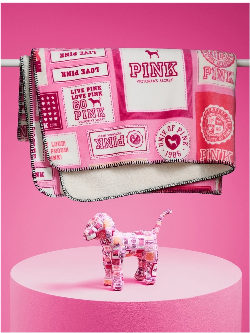 Victoria's Secret PINK Kids Logo Patchwork Blanket in Bright Pink & White